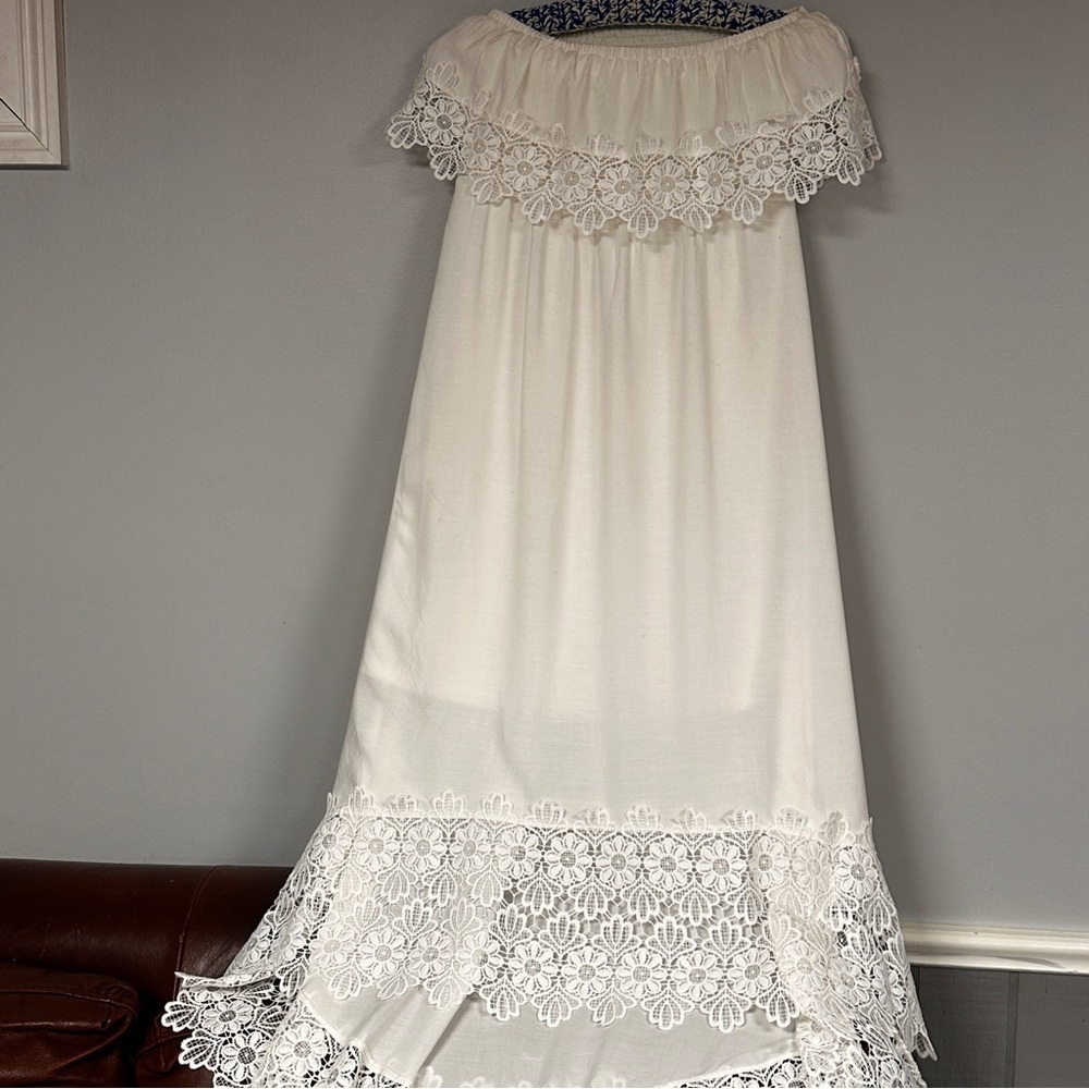 Solitaire Swim Bohemian Off The Shoulder White Lacey Dress / Cover up , M